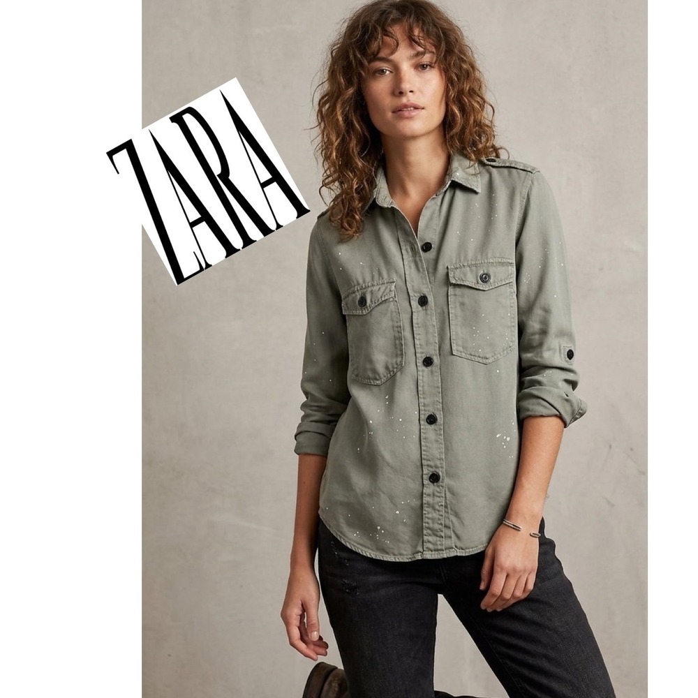 Zara Woman Premium Denim Sage Green Paint Splatter Lyocell Utility Shirt XS